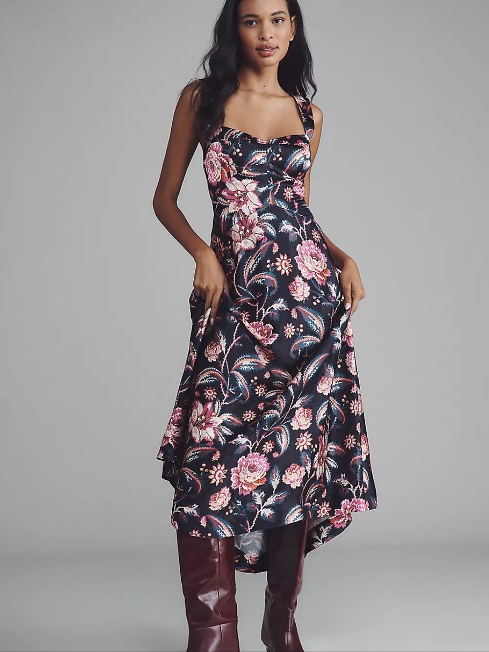 Anthropologie The Jocelyn Black Pink Floral Sleeveless Slip Midi Dress by Maeve